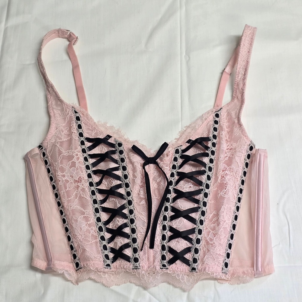 Victorias Secret Bustier Top Womens S Pink Lace Longline Corset Ribbon Straps